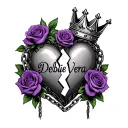 purple roses, chained linked with Debbie Vera written in words with a queen crown above Debbie inside a broken heart tattoo design idea