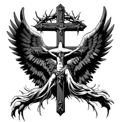 holy cross with wings and crown of thorns above tattoo design idea
