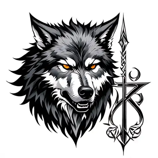 "A detailed black and grey tattoo design of the wolf Fenrir, fierce and majestic, with the Tiwaz rune prominently placed tattoo design idea