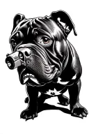 cane corso dog with gun in mouth black and white tattoo design idea