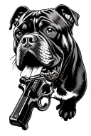 cane corso dog with gun in mouth black and white tattoo design idea