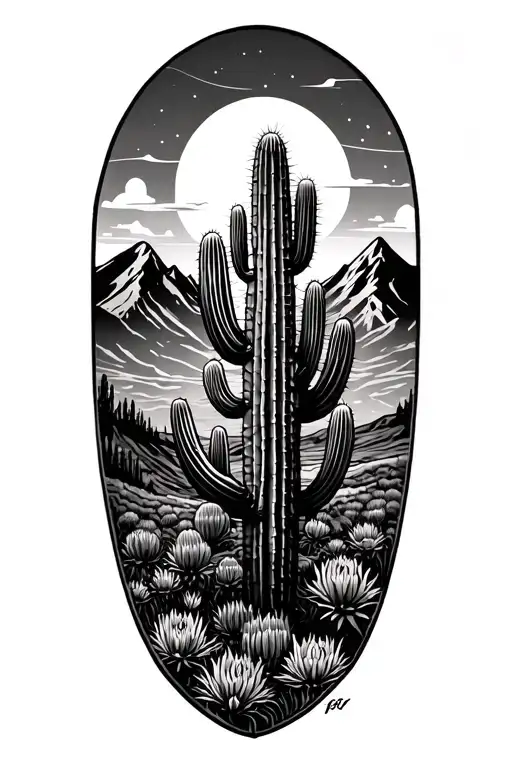 western cactus and moutains tattoo design idea