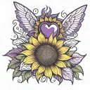 sunflower with wings inside purple heart  tattoo design idea