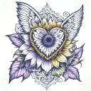 sunflower with wings inside purple heart  tattoo design idea