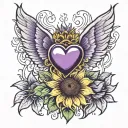 sunflower with wings inside purple heart  tattoo design idea