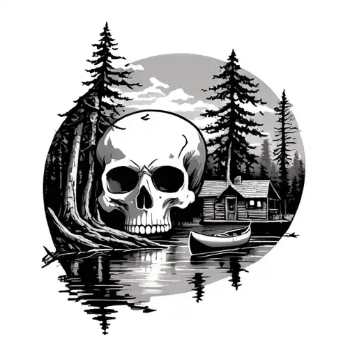 Forest scene where tree limbs create a skull. the let half of the forest shows a cabin on a lake with a canoe tattoo design idea