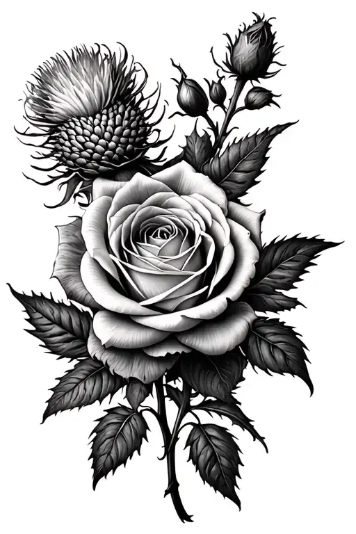 black and white thistle and rose on back of forearm tattoo design idea