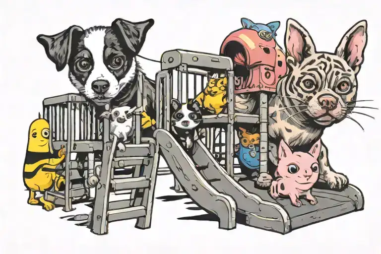 playground with a slide a dog, cat, pig and a minion tattoo design idea