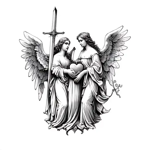 three angels the first angel holding a sword the second angel hold a heart the third angel holding a harp tattoo design idea