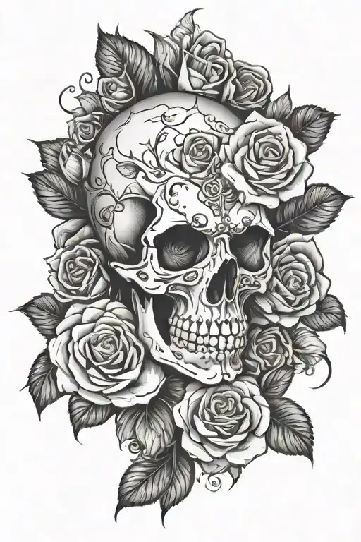 skull with roses, baddie arm sleeve tattoo design idea