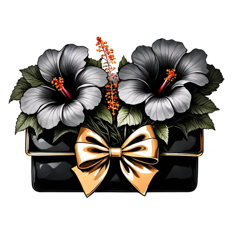 bouquet of hibiscus flowers with black purse and gold bow tattoo design idea