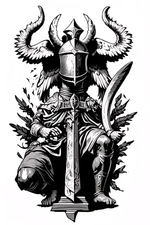 Templar knight kneeling angel tattoo design idea