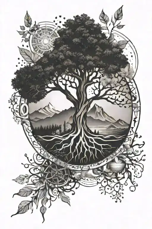 Circle of life made of roots with elements like snowflake, mountains, sun, books and magic tattoo design idea