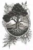 Circle of life made of roots with elements like snowflake, mountains, sun, books and magic tattoo design idea