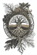 Circle of life made of roots with elements like snowflake, mountains, sun, books and magic tattoo design idea