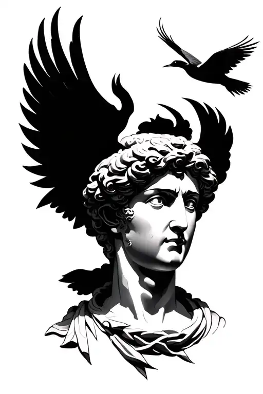 a broken greek statue bust in the middle, a japanese painting style crane flying with majestic wings above it and beetle tattoo design idea