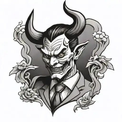 the devil wears a suit, but he's happy, japanese traditionnal style tattoo design idea