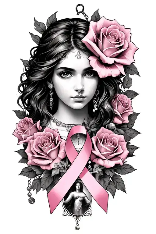 cancer survivor, i want to honor her with a tattoo with roses, pink ribbon, a rosary and image of god tattoo design idea
