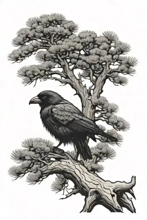 a crow on a Ponderosa pine tree in the mountains  tattoo design idea