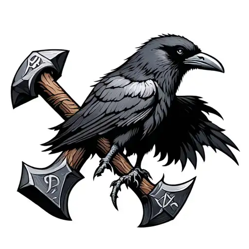 Odin name in runes around a crow and thors hammer tattoo design idea