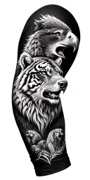 arm sleeve with eagle hawk lion bear wolf tiger  tattoo design idea