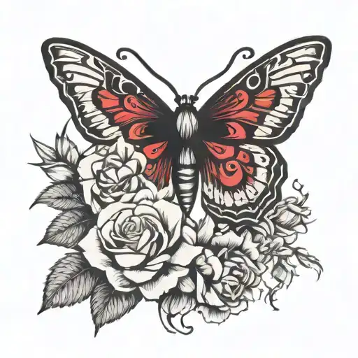 gothic moth roses blooming tattoo design idea