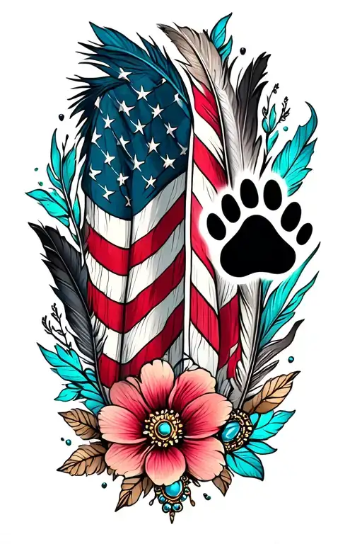 multiple feathers with two dog black paw prints incorporated, american flag,and turquoise western jewelry, flowers tattoo design idea