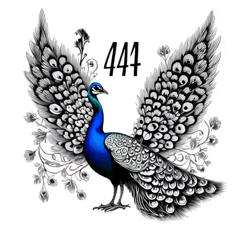 small feminine fineline outline of peacock with the 444 angel number tattoo design idea