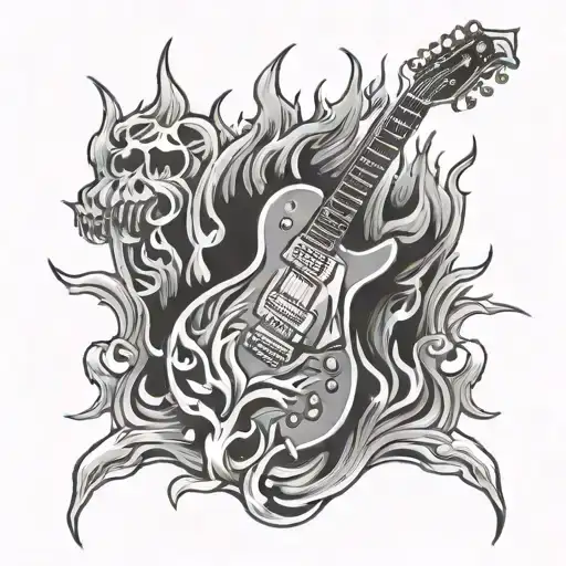 a guitar with fire flames and metallica logo tattoo design idea