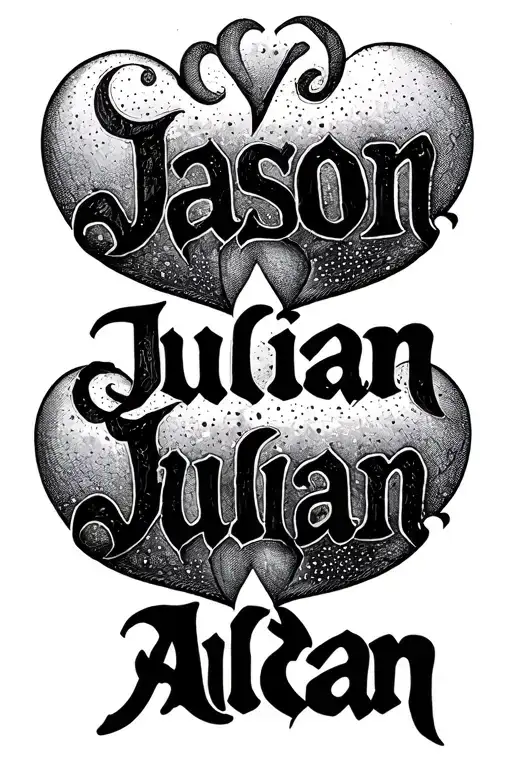 NAMES "Jason", "Julian" and "Aidan" written sharing the same letters tattoo design idea