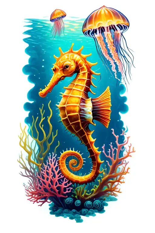 undersea coral reef scene with vibrant coral, tall swaying kelp, a delicate seahorse, and two jellyfish tattoo design idea