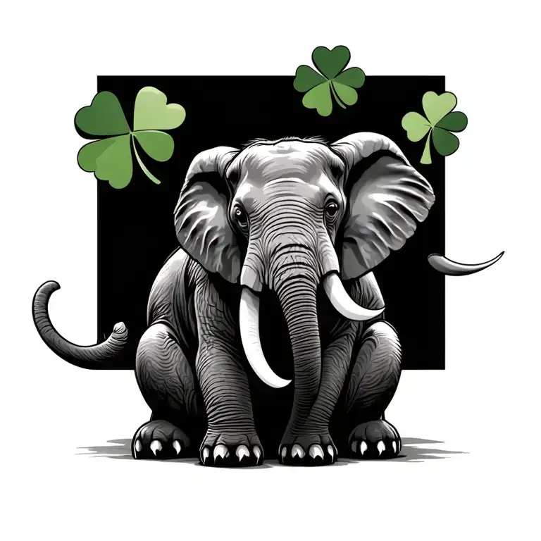 African elephant sitting, shamrock intertwined tattoo design idea