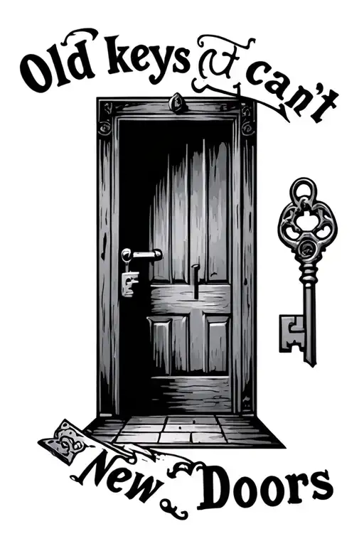 "old keys can't open new doors" antique keys and a closed door with lock tattoo design idea