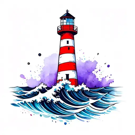 lighthouse with red and white horizontal stripes, waves with watercolour splashes, purple & blue,  tattoo design idea