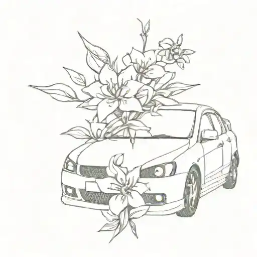 2008 mistubishi lancer with flowers growing around it, jdm style, fine line minimalistic  tattoo design idea