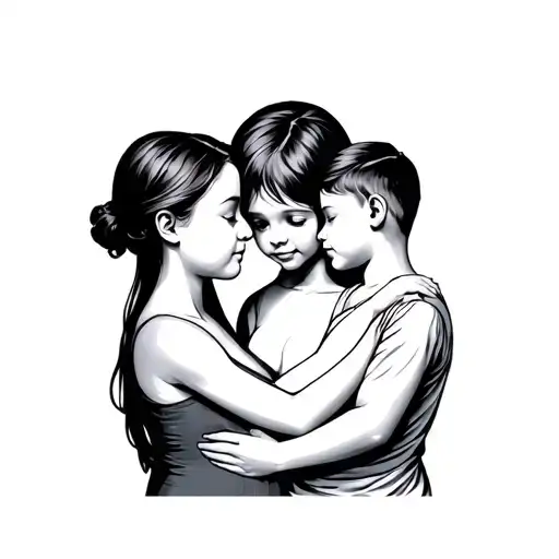 Mother hugs 2 sons and 1 daughter tattoo design idea