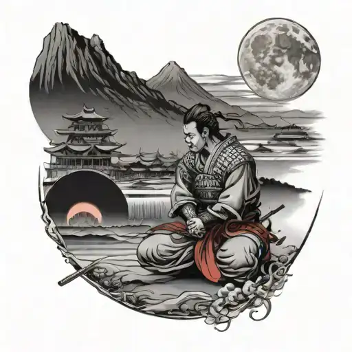A samurai on his knees as his Japanese village is burning in the far distance behind him as there is a red moon  tattoo design idea