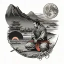 A samurai on his knees as his Japanese village is burning in the far distance behind him as there is a red moon  tattoo design idea