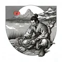 A samurai on his knees as his Japanese village is burning in the far distance behind him as there is a red moon  tattoo design idea