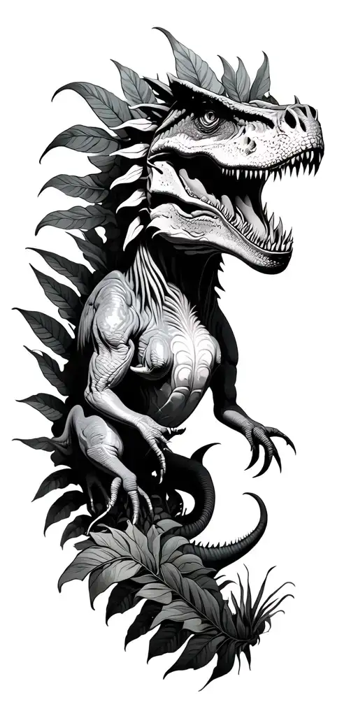 cryptids, dinosaurs, and fantastic animals interwoven with plants and architectural motifs tattoo design idea