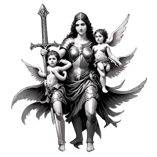 mother with greek armor holding a sword carrying TWO little angel tattoo design idea
