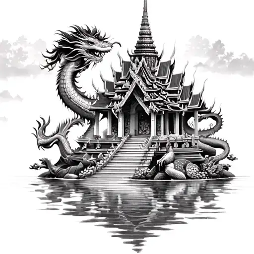 thailand temple surrounded by water dragon and family tree tattoo design idea