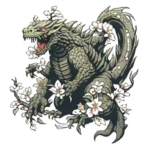 Godzilla Japanese cherry blossom tattoo design idea