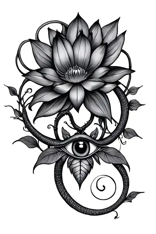 Moth Lotus flower symbolising fertility Snake Eye warding off evil vine intertwined  tattoo design idea