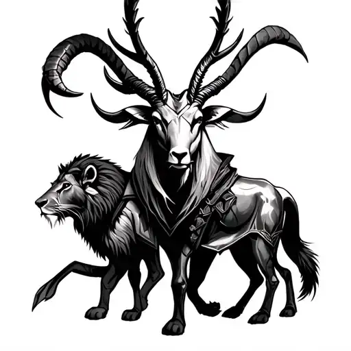 Assassins Creed as Sagittarius Main and Scorpion on the left arm, lion as accompanying, bull and ibex as armor A tattoo design idea