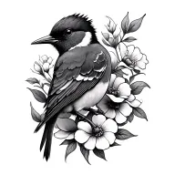Songbird with flowers surrounding tattoo design idea
