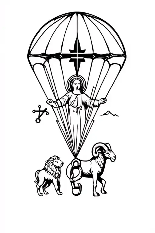 Cordist and Cross of Lorraine, mountain and astrological sign lion and ram, and a parachute, virgin with carabiner tattoo design idea