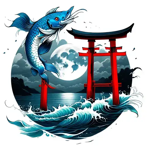 flame torii gate with two blue long koi fish swims with clouds and waves surrounds with moon eclipse night tattoo design idea