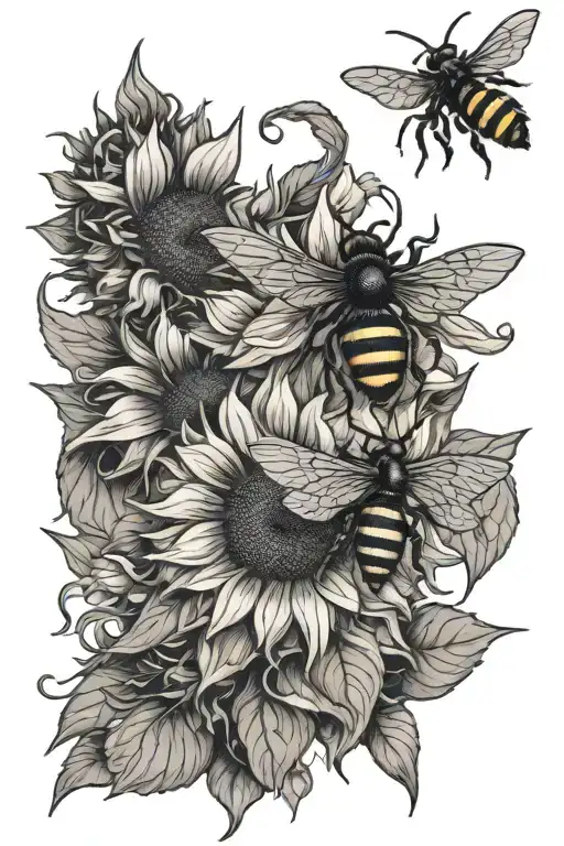 sunflowers, bees, and wasp tattoo design idea