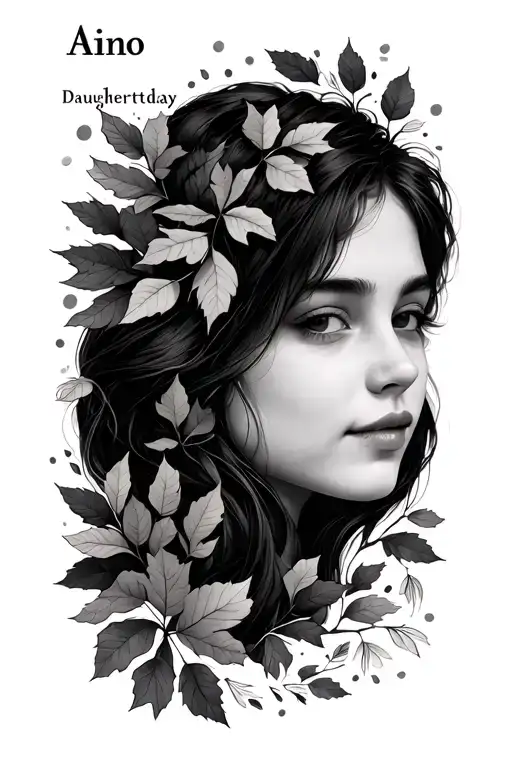 "Aino" daughter name and birthday, with autumn vibes. no portrait, just autumn stuff, like falling leafs, tattoo design idea